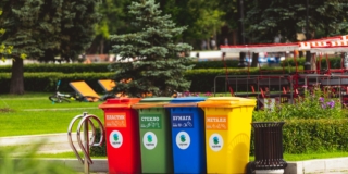 Assorted color plastic trash bins