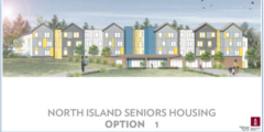 An architect's drawing of a potential old folks home in Port Hardy. Grey, yellow, and blue townhouses line a street with benches and small trees.