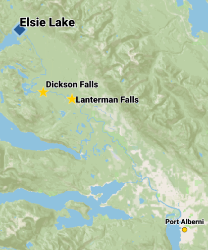 A map that shows Elsie Lake, Dickson Falls, and Lanterman Falls north of Port Alberni.