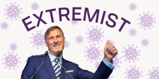 A picture of Maxime Bernier smiling with a thumbs up. He has the word Scumbag written above his head and there are little purple COVIDs in the background.