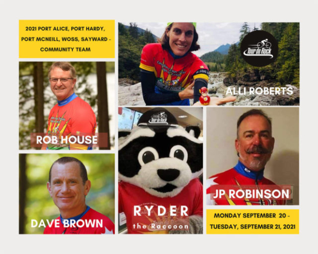 A team photo of the four riders and Ryder the Racoon mascot.