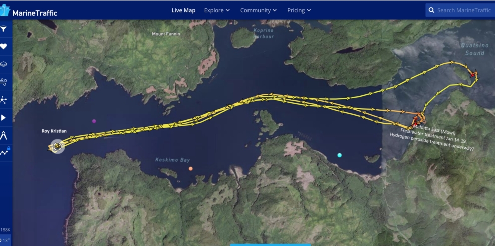 A map of Quatsino Sound with the tracks of the Roy Kristian boat out past the edge of the inlet.