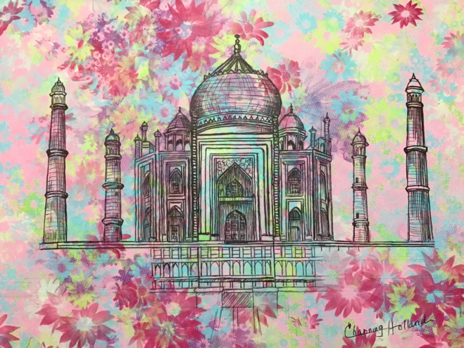 A drawing of the Taj Mahal with psychedelic flowers around it.