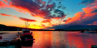 A bright, colourful sunset at the Harbour Quay in Port Alberni.