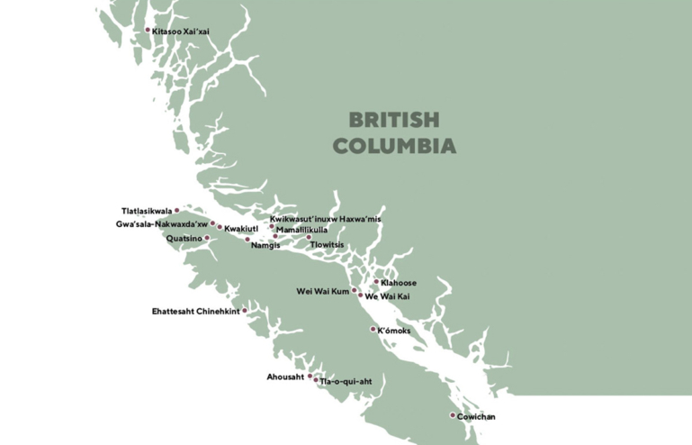 A basic map of coastal BC with the names of First Nations who support the Finfish Coalition.