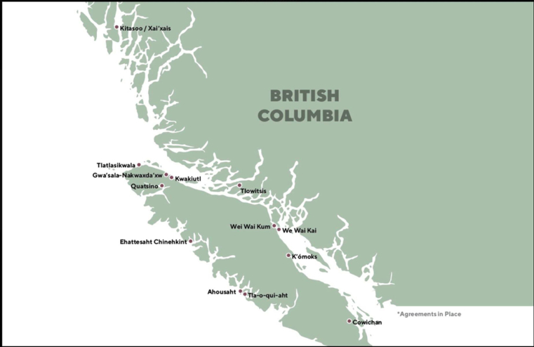 A basic map of coastal BC with the names of First Nations communities who support the Finfish Coalition.
