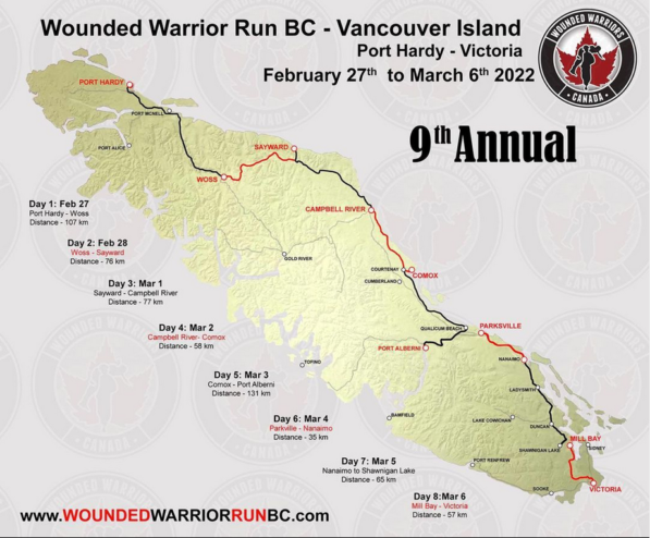 A map of the Wounded Warrior run with the dates for each city.