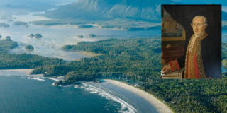 An aerial photo of Tofino and Long Beach on a sunny day with a painting of Vincente Tofino looking unimpressed.