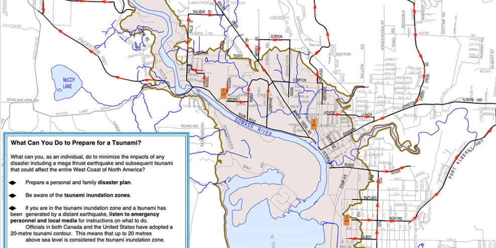 A map of Port Alberni. The areas that could be flooded by a tsunami are shaded extra dark.