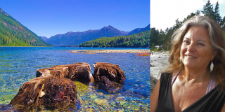 A photo of a smiling Catherine Marie Gilbert next to a photo of a Strathcona lake on a sunny day.