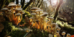 Small mushrooms grow in a cluster on a log in a sunbeam.