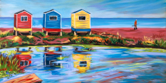 A painting of three brightly coloured huts along the shore. Someone with a fishing rod walks toward the huts.