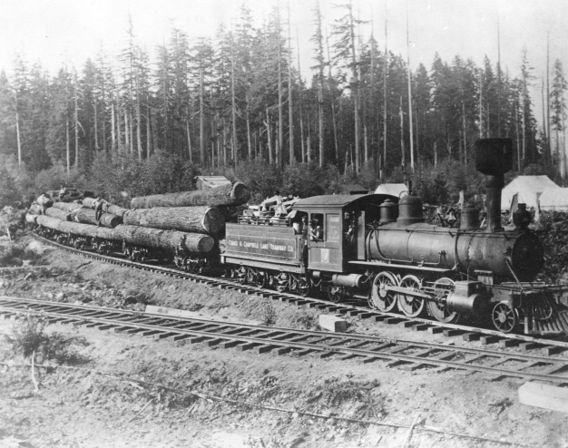 Black and white photo of a logging train from the Comox and Campbell Lake Railway Company.