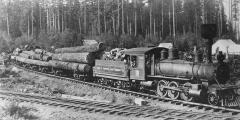 Black and white photo of a logging train from the Comox and Campbell Lake Railway Company.
