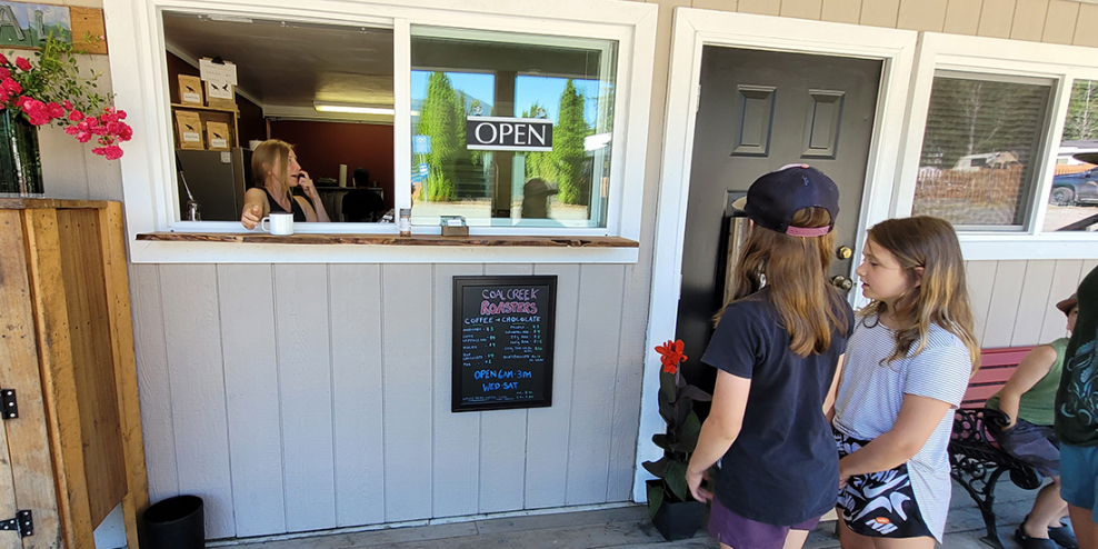 Kids order chocolate and other treats from Coal Creek Roasters in Tahsis.
