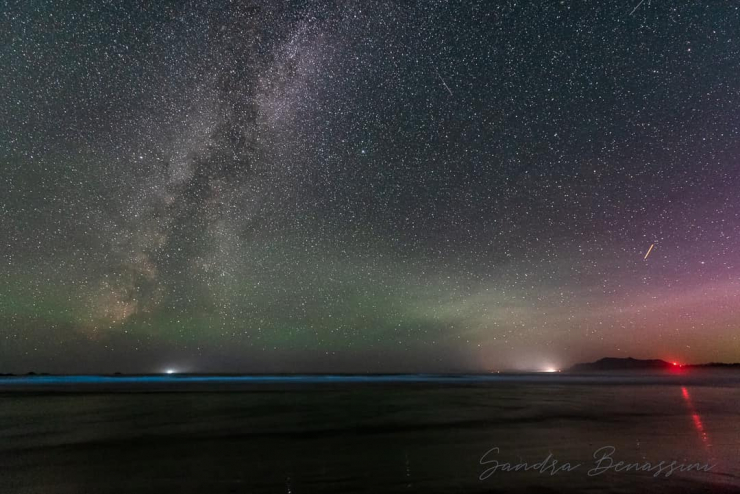The Milky Way lights up the sky with aurora borealis while bioluminescence lights up the water.