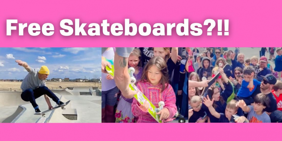 A picture of Boyce doing tricks on his board next to pics of smiling kids getting free skateboards.