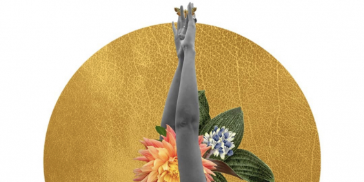 A collage of a woman's arms reaching up to the sky with a leather-textured yellow circle in the background.