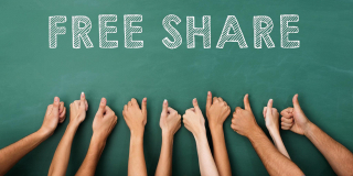A bunch of hands give a thumbs up in front of a sign that reads "FREE SHARE."