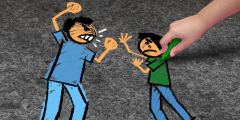 A kid colours in a cartoon of two people arguing.