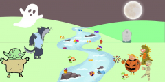 A cartoon of Halloween ghosts and candy wrappers in a river.