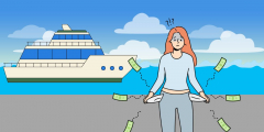 A cartoon of a woman emptying her pockets while standing in front of a ferry.