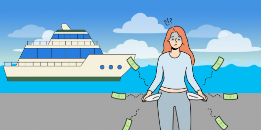A cartoon of a woman emptying her pockets while standing in front of a ferry.