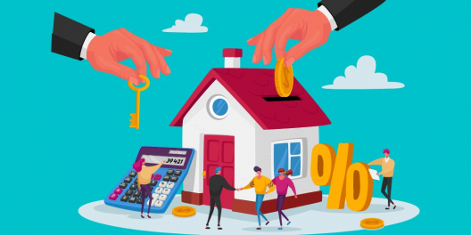 A cartoon of hands depositing money into a tiny house.