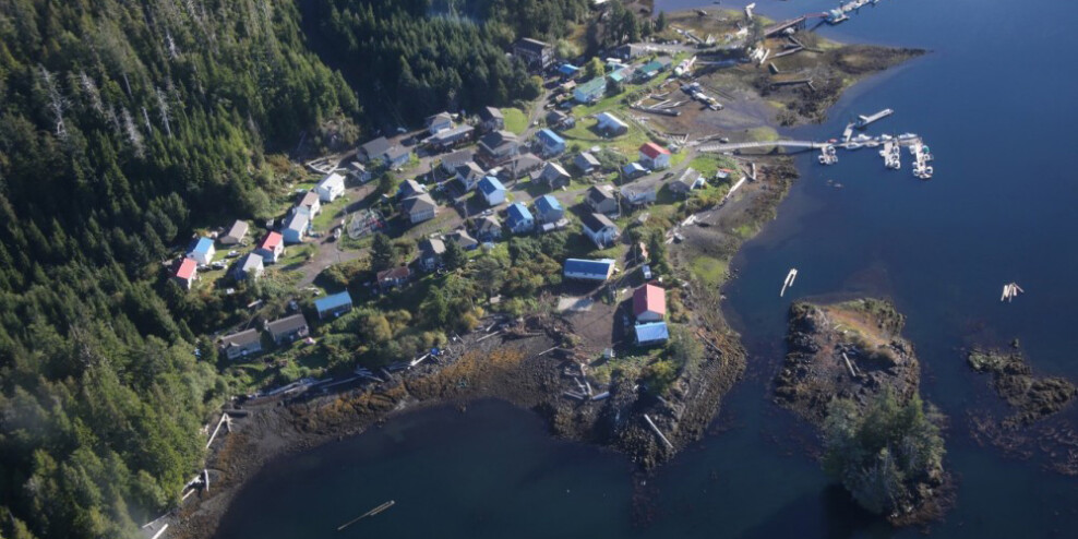 An aerial photograph of Kyuquot on a sunny day.