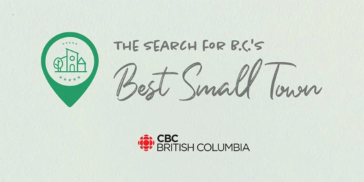 A poster with the "Search for B.C.'s Best Small Town" written on it.