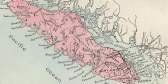 A historical map of Vancouver Island, where the island is pink and the water is pale blue.