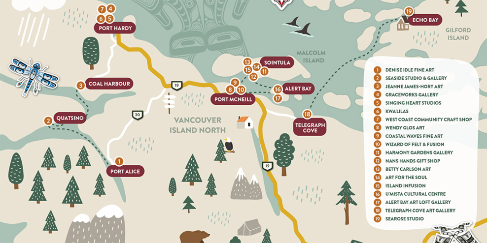 An illustrated map of the artist locations in NorthIsle.