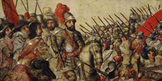 A painting of Hernan Cortes and his army on horseback.
