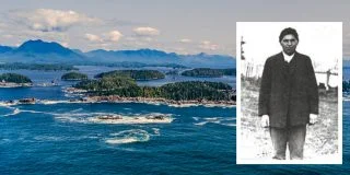 A historical photo of Alec Thomas overlaid on top of an aerial shot of the Broken Island Group, Tseshaht land.