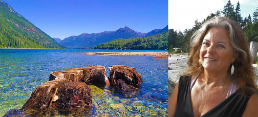 A photo of a smiling Catherine Marie Gilbert next to a photo of a Strathcona lake on a sunny day.