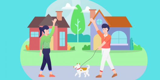 A cartoon of folks waving to each other on the street, with one person walking dog.