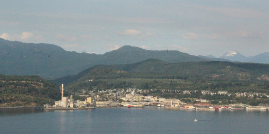Landscape view of Powell River, BC from a seaplane over the water.
