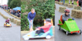 Three photos of kids in rolling down the road in their soap box cars.