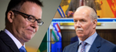 On the left, Kevin Falcon looks awkward. On the right, John Horgan looks like he's up to something.
