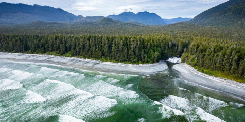 Aerial view of breaker waves and Calvin Falls along the Nootka trail with lots of trees and hills