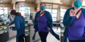 Three photos of the same woman freaking out at a Tim Horton's employee.