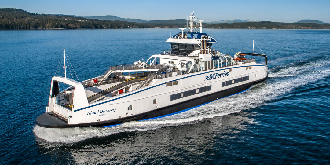 A picture of an electric BC ferry sailing on a sunny day.