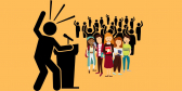 A cartoon of a person yelling at a podium in front of a group of teens.