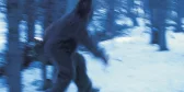 A blurry photo of what could be bigfoot running through the trees and snow.