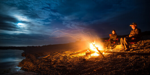 Two people sit by a campfire at night with the moon behind some clouds.