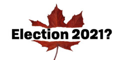 Maple leaf ripped in half with the words "Election 2021?" in the middle
