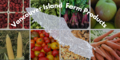 A grid of 8 pictures of fresh vegetables with an outline of Vancouver Island over top.