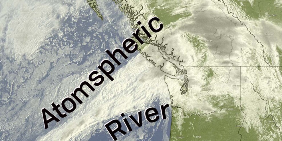 A satellite view of an atmospheric river flowing into Vancouver Island.
