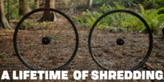 Two bike wheels standing up by themselves in a forest with the words "A lifetime of shredding" over top.