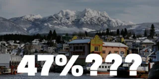 A picture of Port Alberni's mountain background with "47%???" over top.